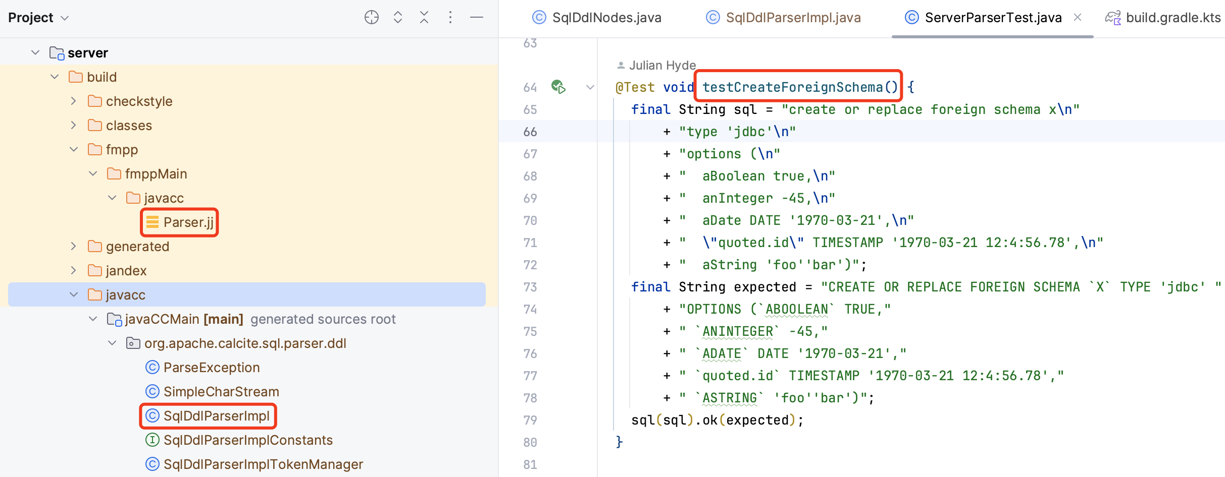 执行 DDL 单测编译生成 SqlDdlParserImpl